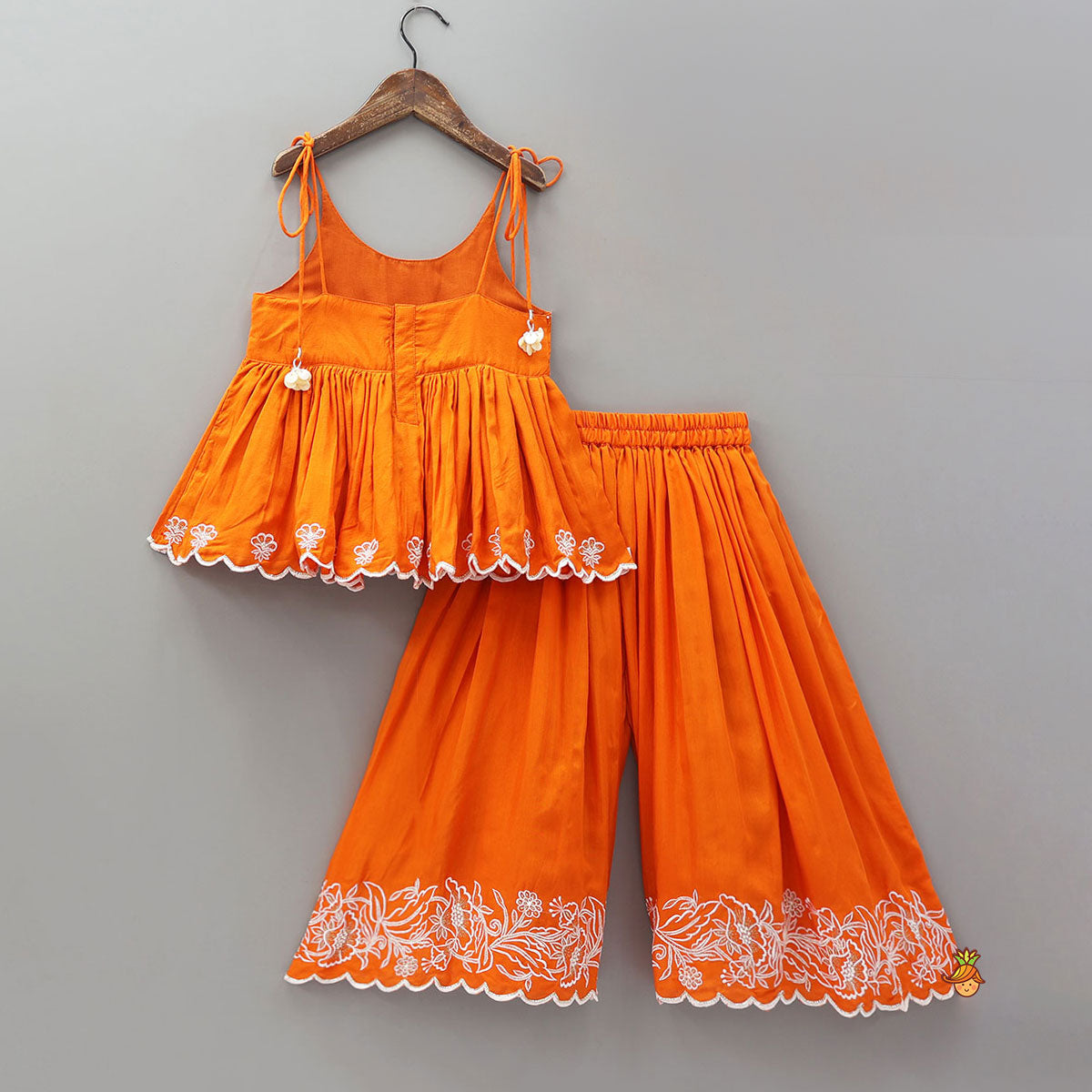 Pre Order: Thread Embroidered Scalloped Top And Palazzo With Dupatta