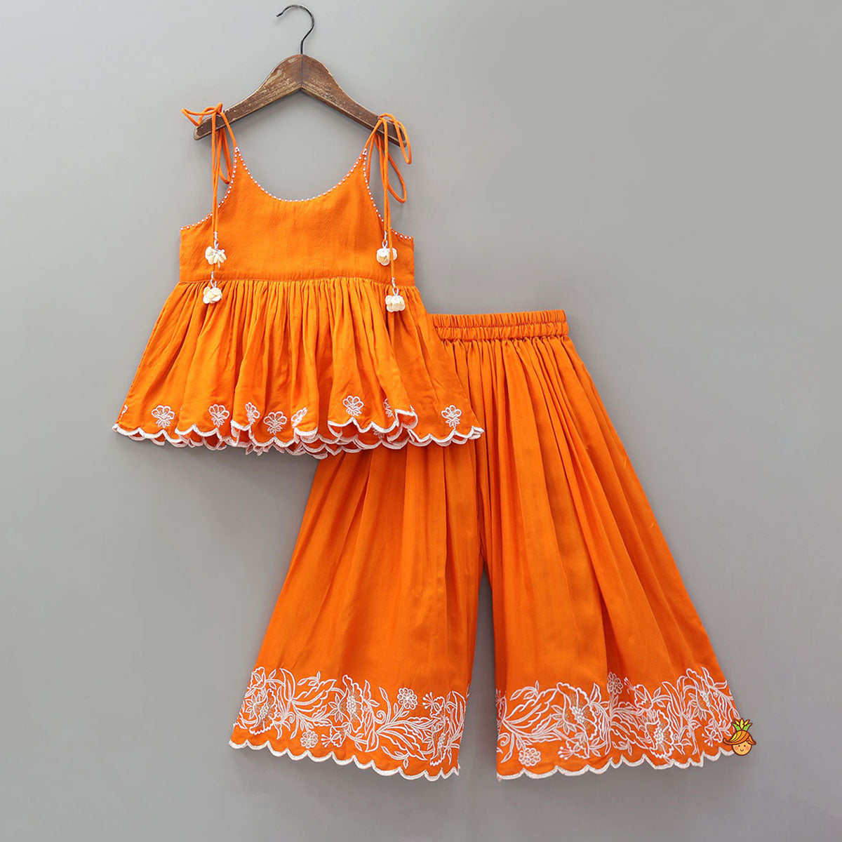 Pre Order: Thread Embroidered Scalloped Top And Palazzo With Dupatta