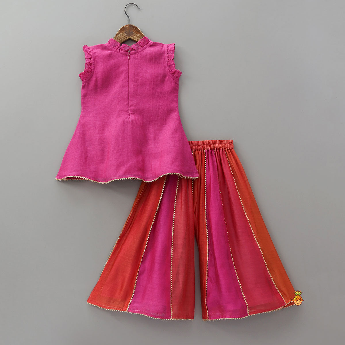 Embroidered Kurti And Palazzo With Fringed Lace Detail Dupatta