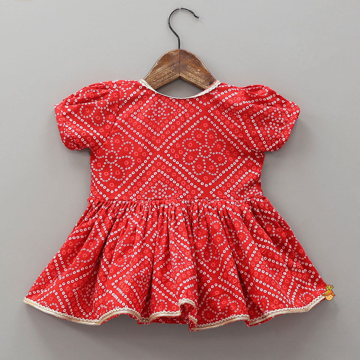 Pre Order: Bandhani Printed Angarkha Style Kurti With Cap Mittens And Booties