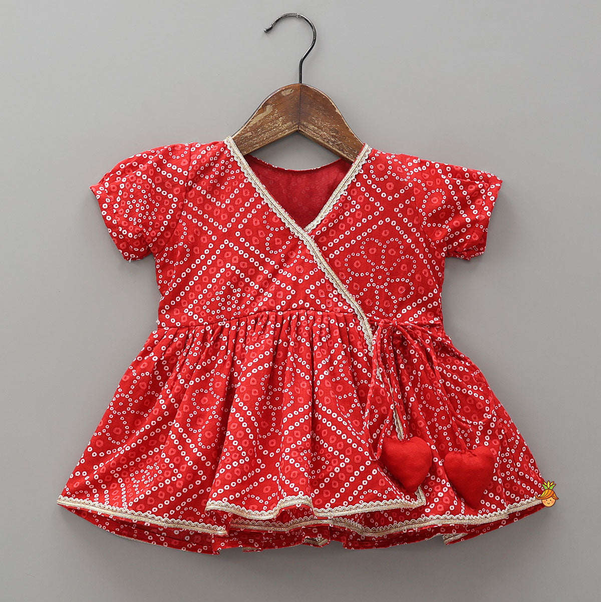 Pre Order: Bandhani Printed Angarkha Style Kurti With Cap Mittens And Booties