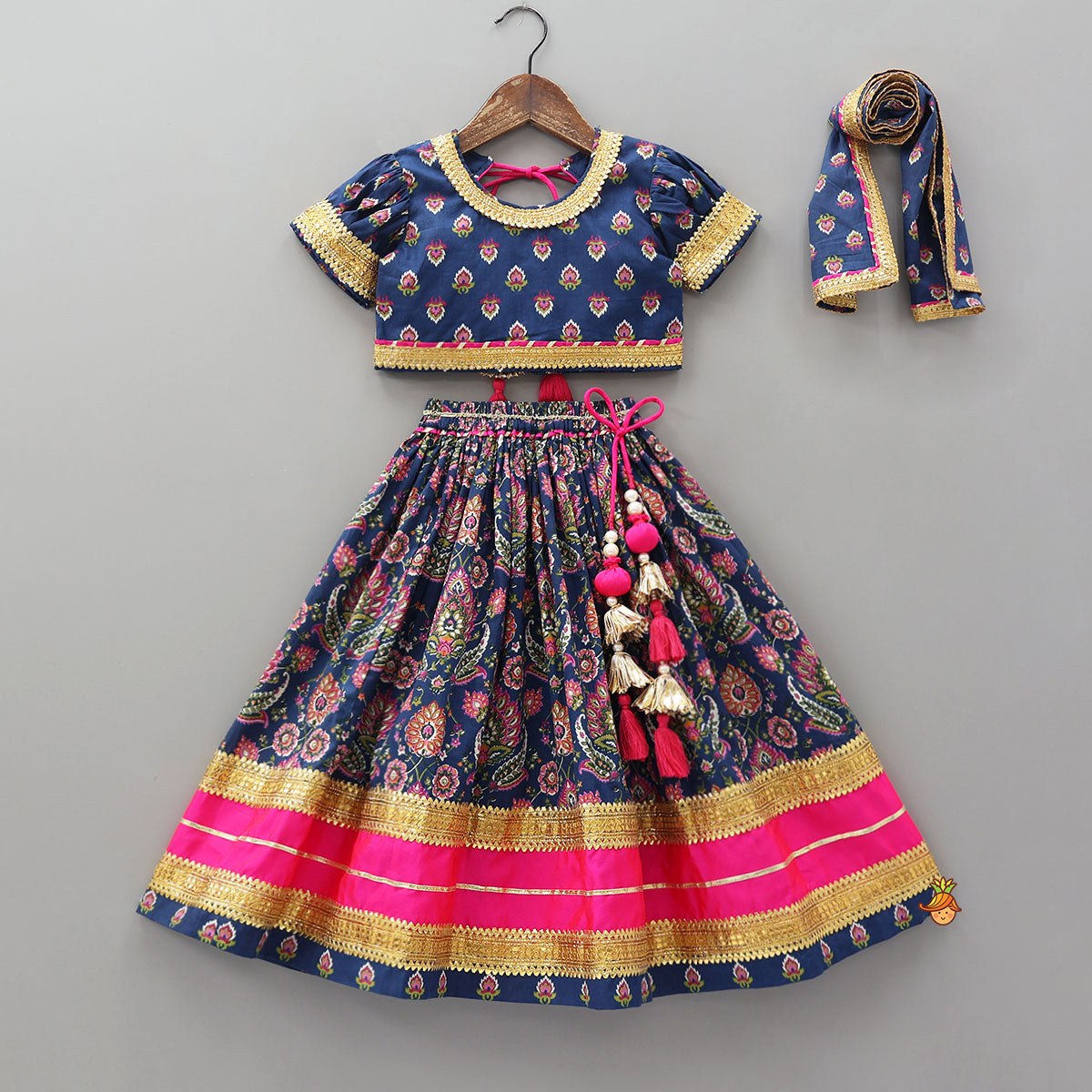 Gota Lace Work Printed Crop Top And Contrasting Hem Lehenga With Matching Dupatta