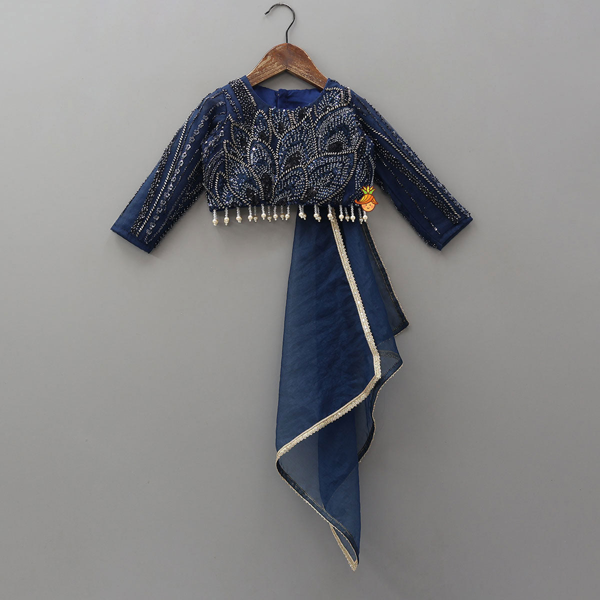 Pre Order: Heavy Embroidered Drape Crop Top And Lehenga With Matching Hair Band