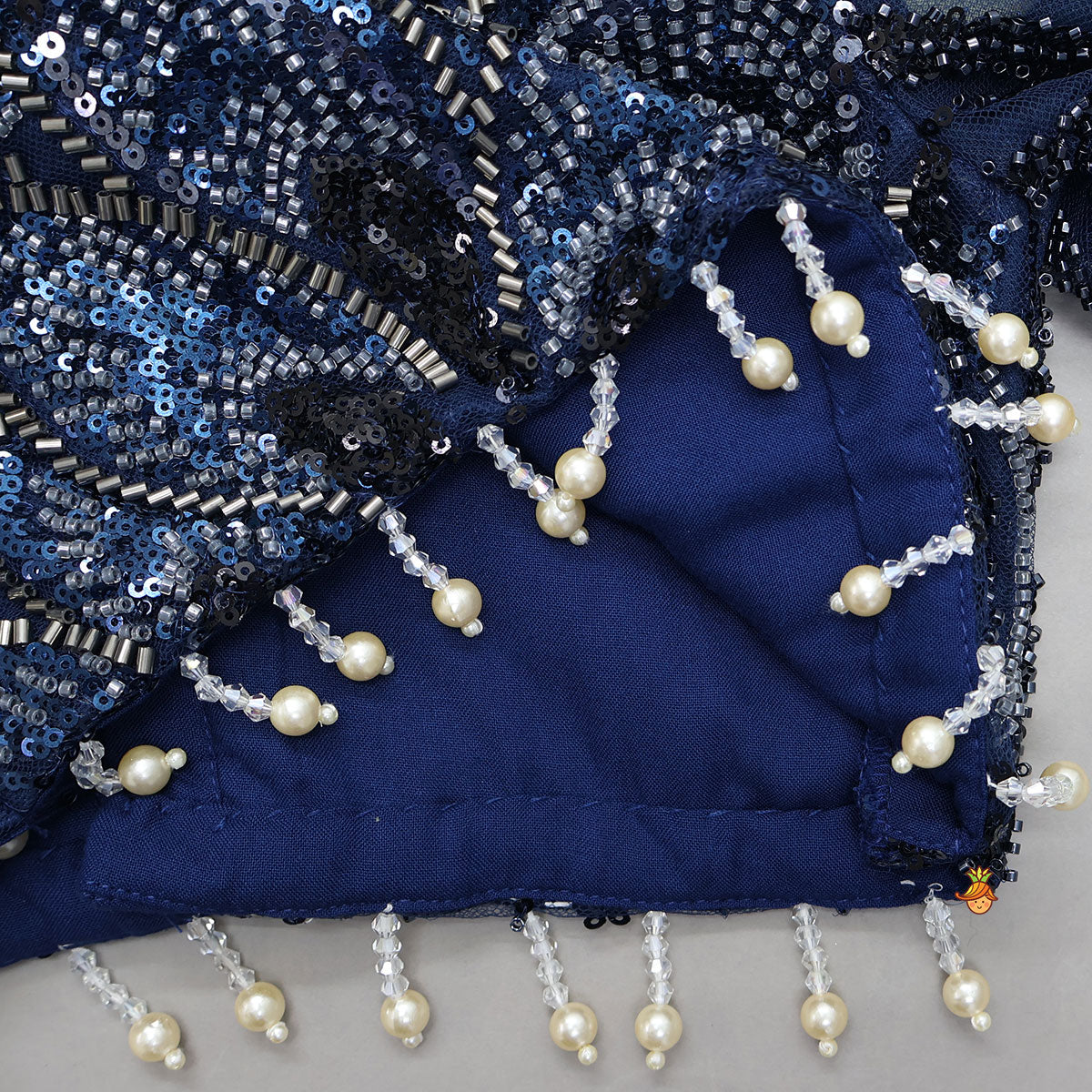 Pre Order: Heavy Embroidered Drape Crop Top And Lehenga With Matching Hair Band