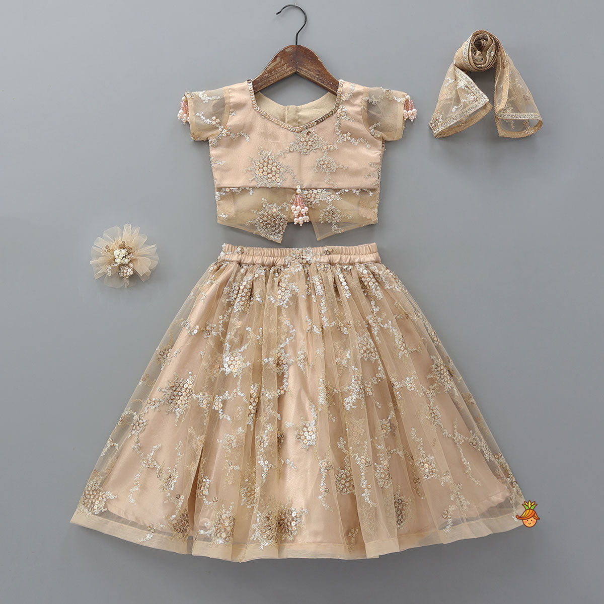 Pre Order: Stylish Front-Cut Crop Top With Lehenga And Dupatta With Hair Clip
