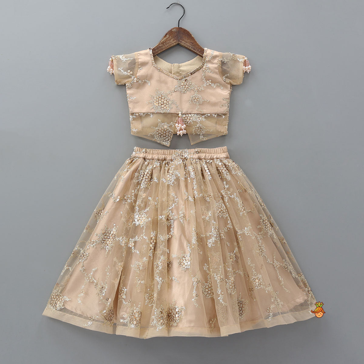 Pre Order: Stylish Front-Cut Crop Top With Lehenga And Dupatta With Hair Clip