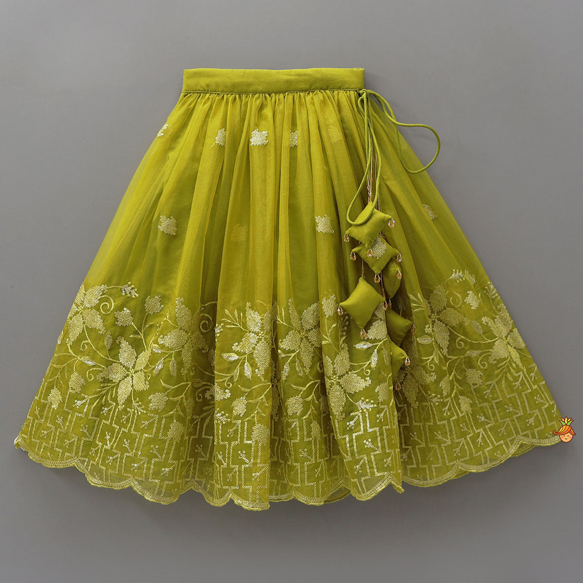 Pre Order: Organza Top And Lehenga With Handmade Tassel Detailing