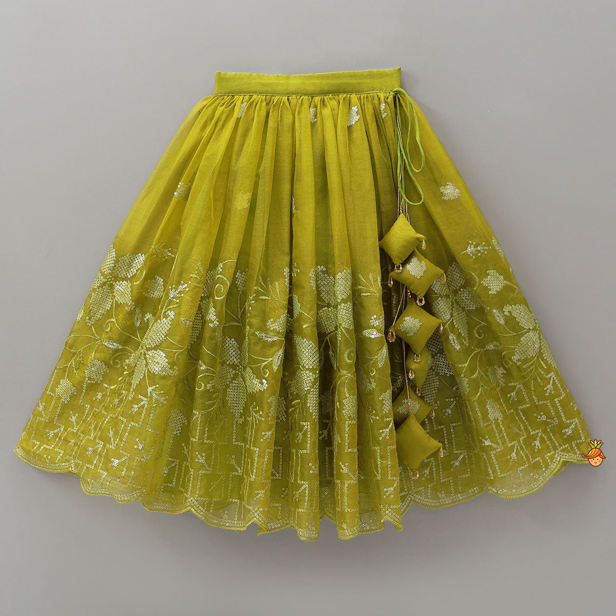 Pre Order: Organza Top And Lehenga With Handmade Tassel Detailing