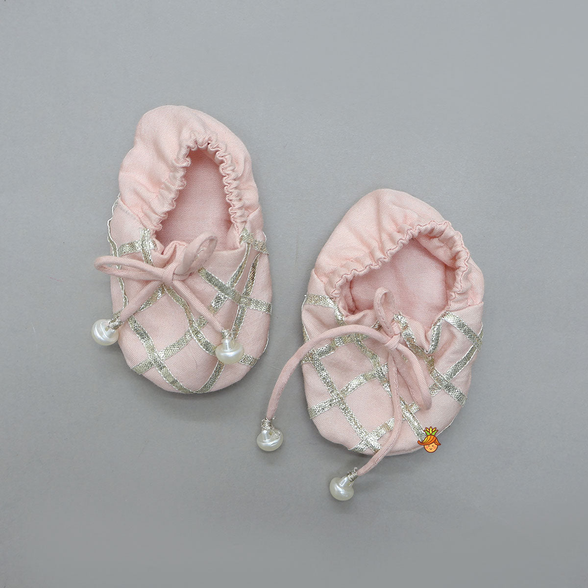 Pre Order: Elegant Hand Embroidered Gota Work Jamna Set With Matching Booties And Headband