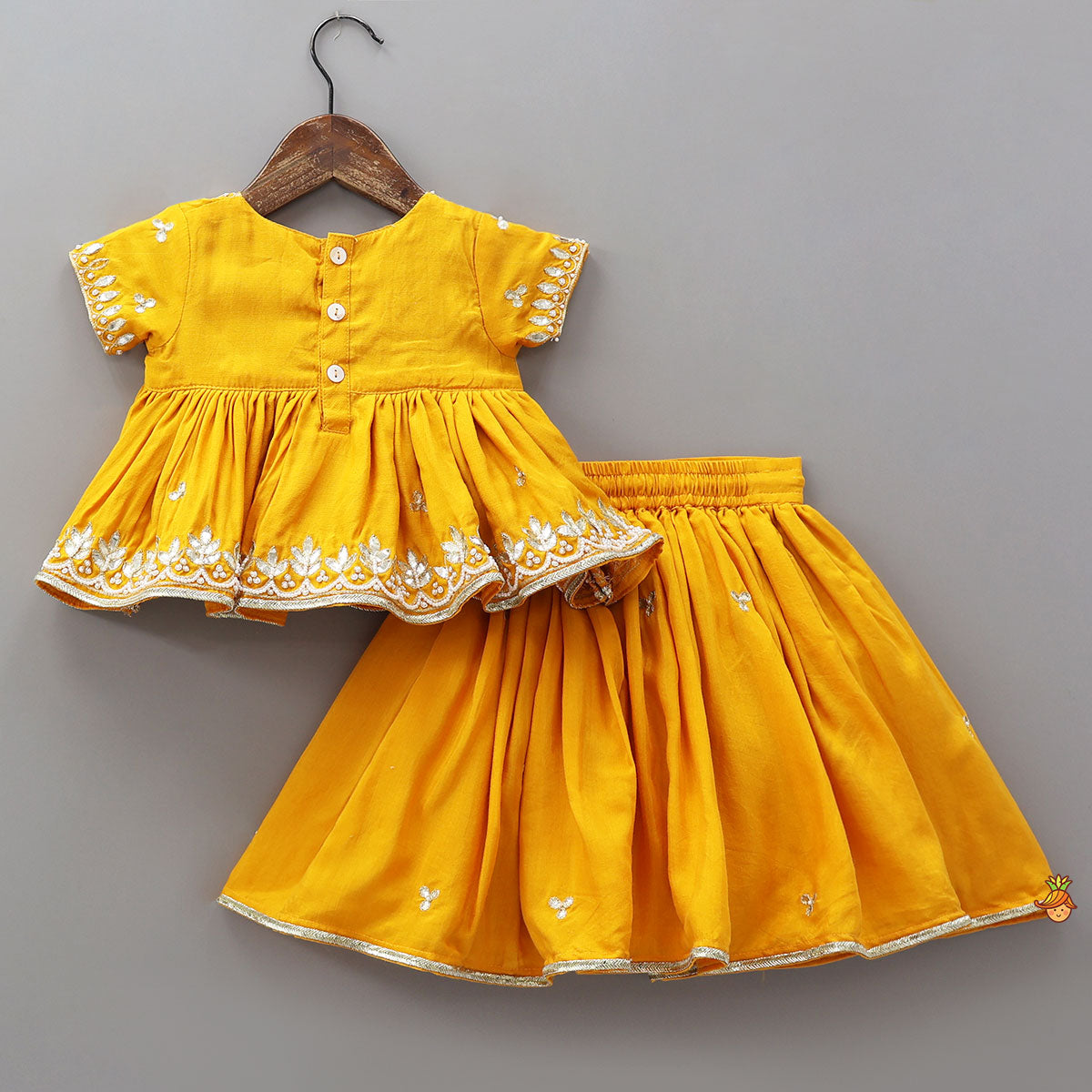 Pre Order: Hand Embroidered Gota Work Jamna Set With Matching Booties And Headband