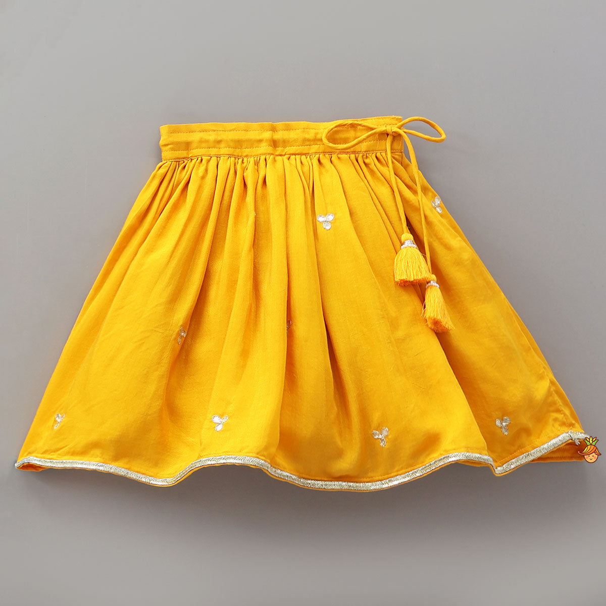 Pre Order: Hand Embroidered Gota Work Jamna Set With Matching Booties And Headband