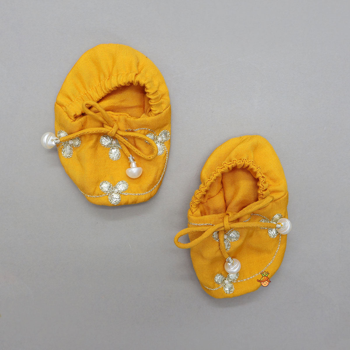 Pre Order: Hand Embroidered Gota Work Jamna Set With Matching Booties And Headband
