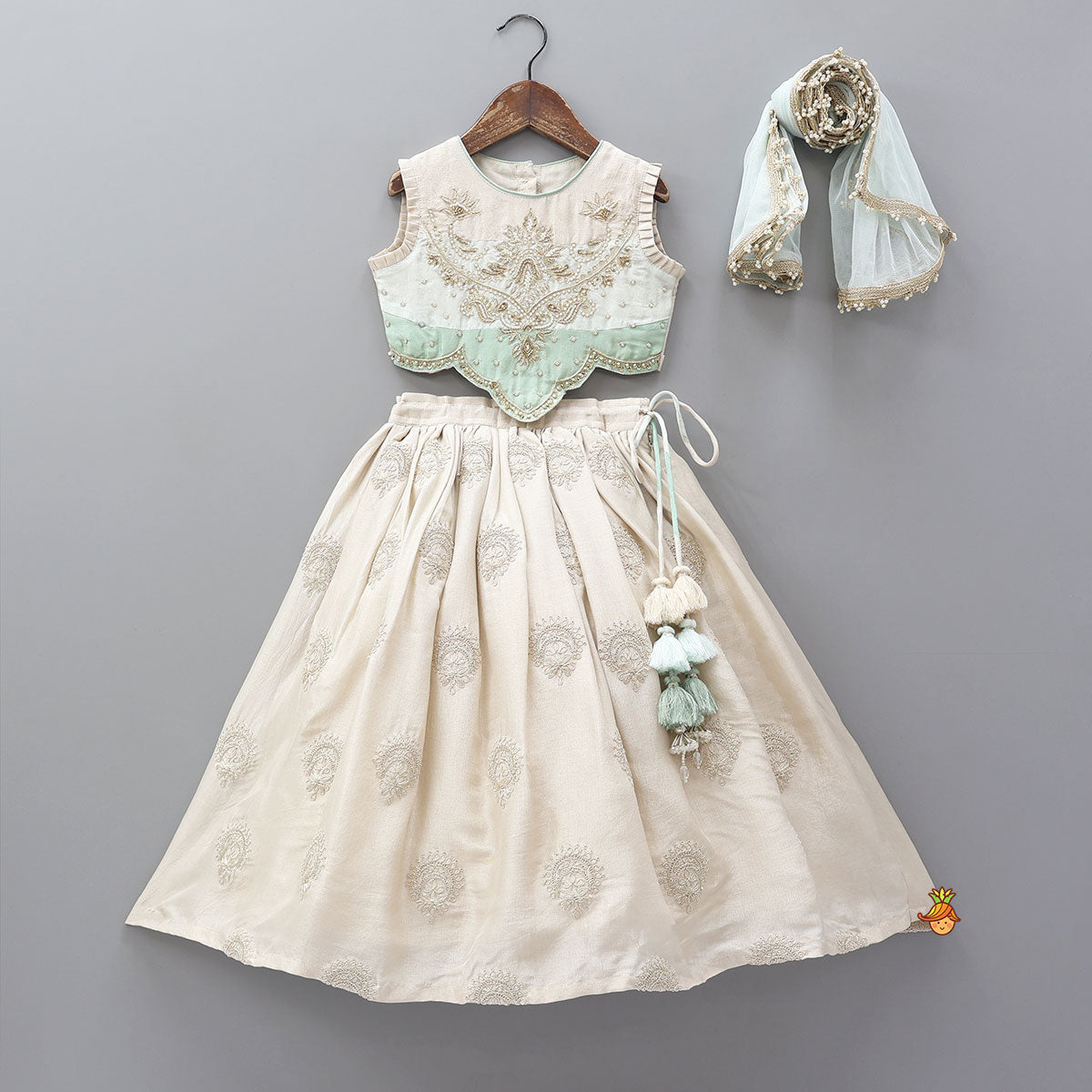 Pre Order: Hand Embroidered Pleated Armhole Top And Lehenga With Net Dupatta