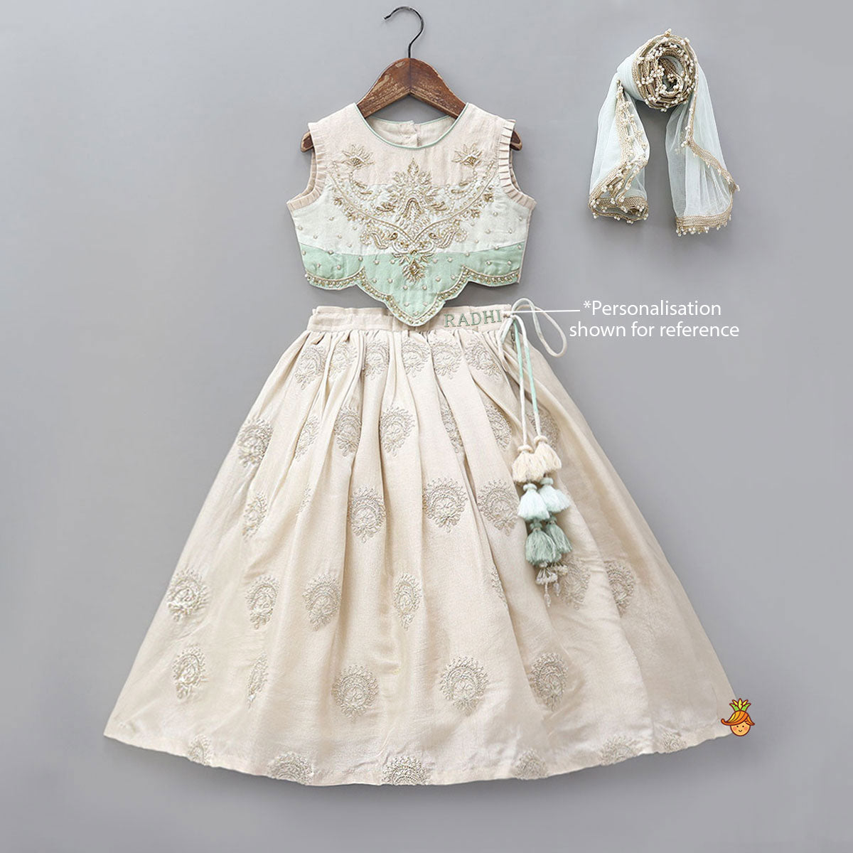 Pre Order: Hand Embroidered Pleated Armhole Top And Lehenga With Net Dupatta