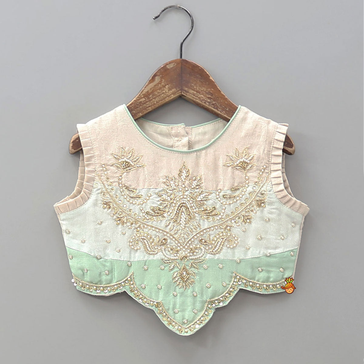 Pre Order: Hand Embroidered Pleated Armhole Top And Lehenga With Net Dupatta