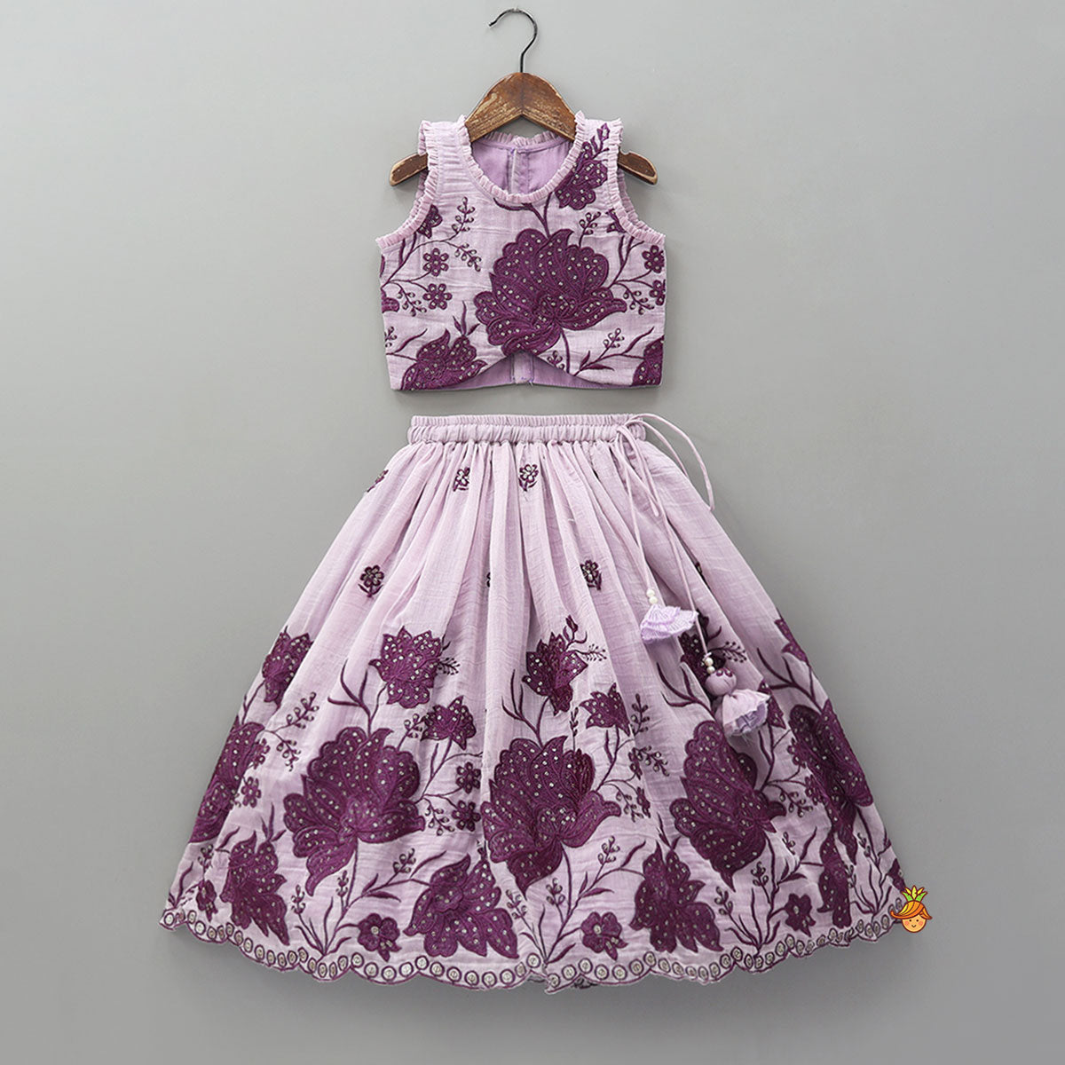 Pre Order: Lavender Floral Embroidered Top And Lehenga