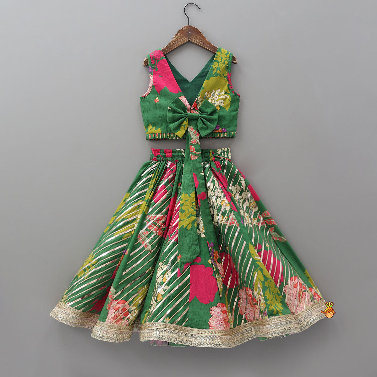 Pre Order: Floral Printed Lace Detailed Top And Lehenga With Dupatta