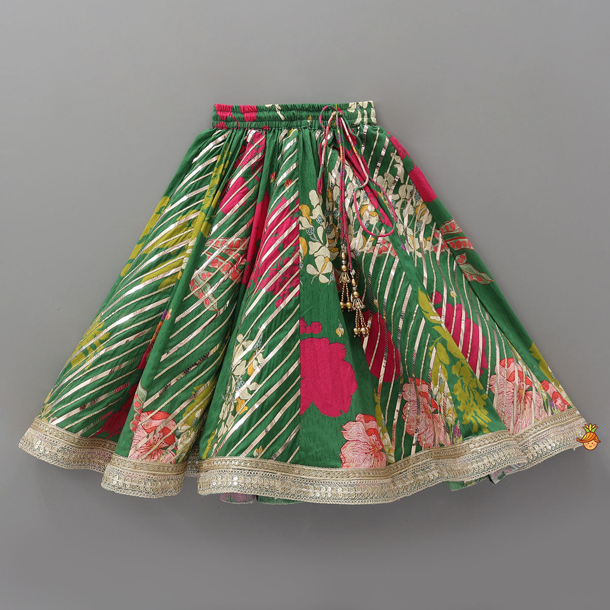 Pre Order: Floral Printed Lace Detailed Top And Lehenga With Dupatta