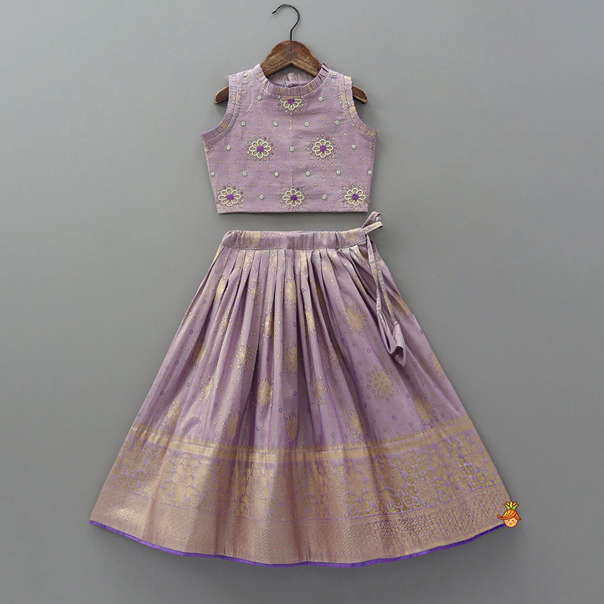 Pre Order: Pleat Detail Sheen Crop Top And Lehenga
