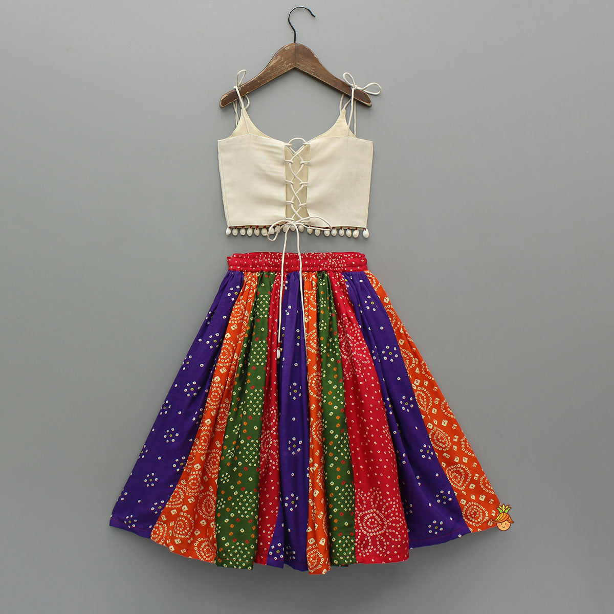 Pre Order: Teen Beautiful Hand Embroidered Tie-up Top With Multicolour Bandhani Printed Lehenga And Bandana