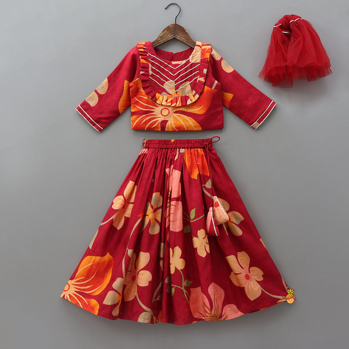 Pleated Yoke Floral Printed Elegant Top And Lehenga With Net Dupatta