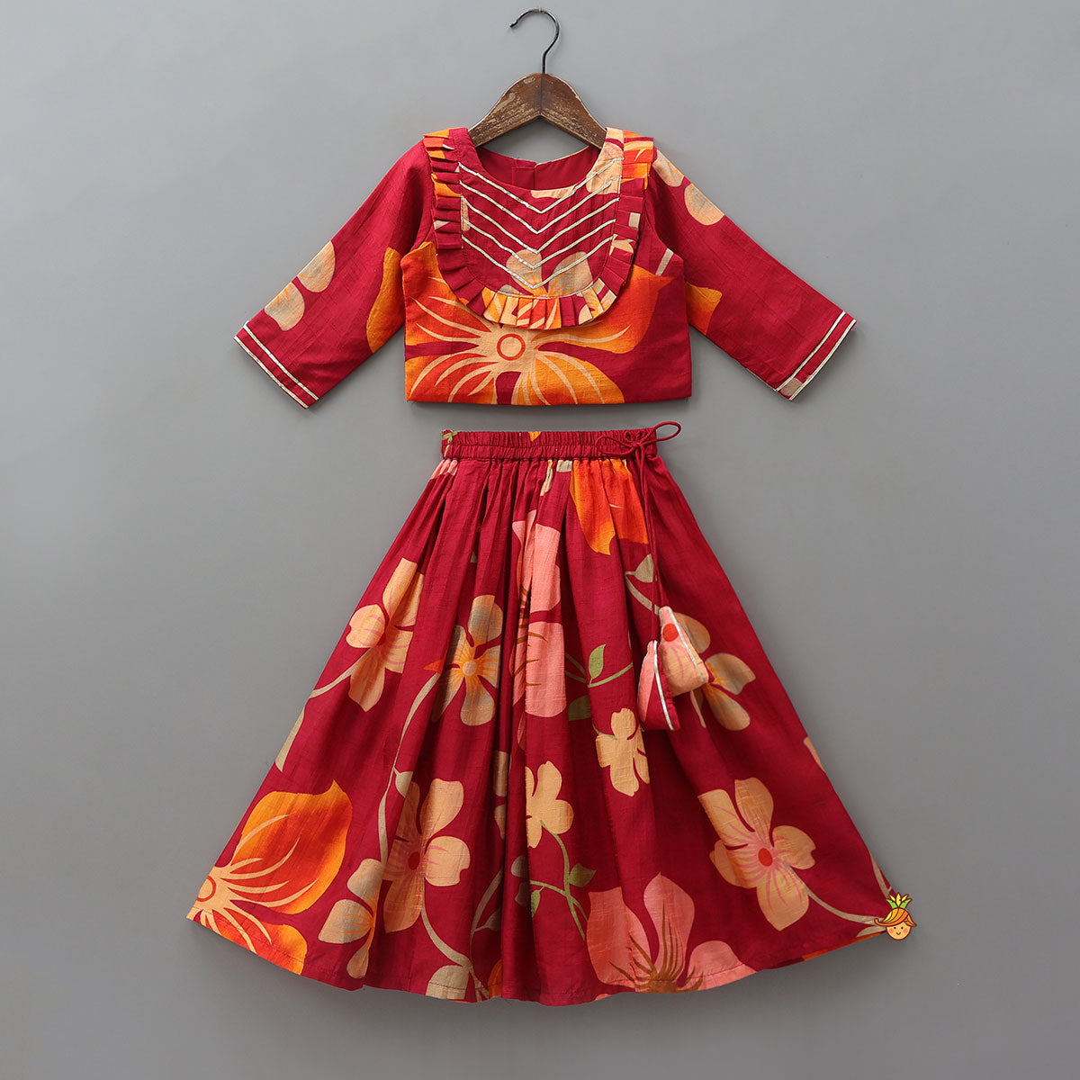 Pleated Yoke Floral Printed Elegant Top And Lehenga With Net Dupatta