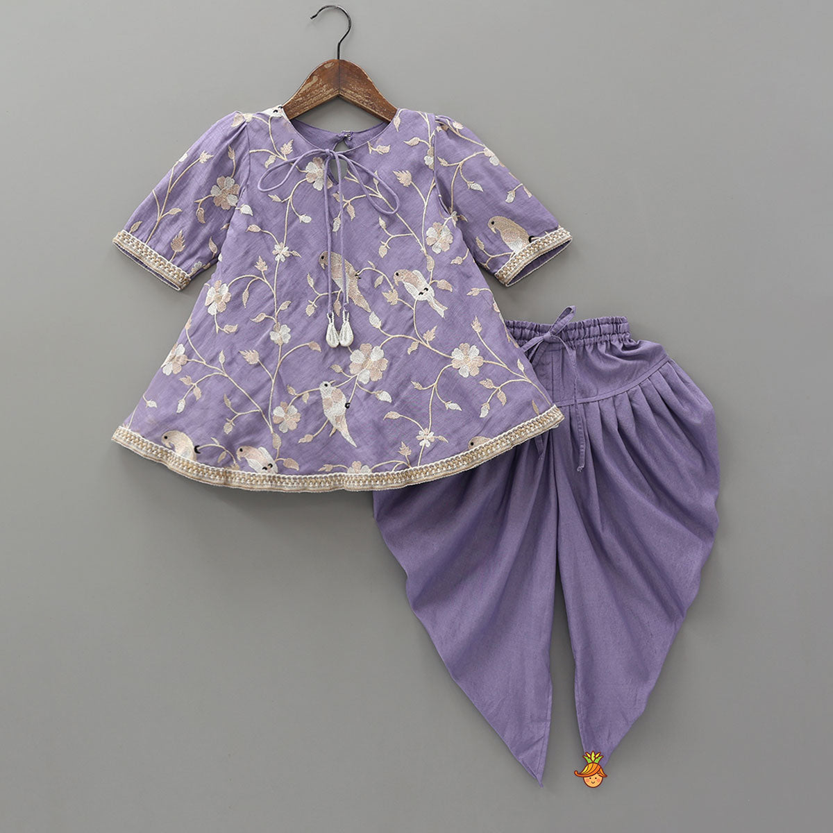 Pre Order: Floral Bird Embroidered A-Line Kurta And Dhoti