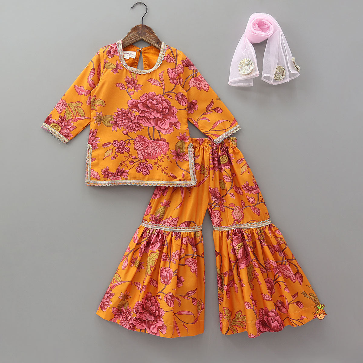 Floral Printed Kurti And Sharara With Contrasting Dupatta