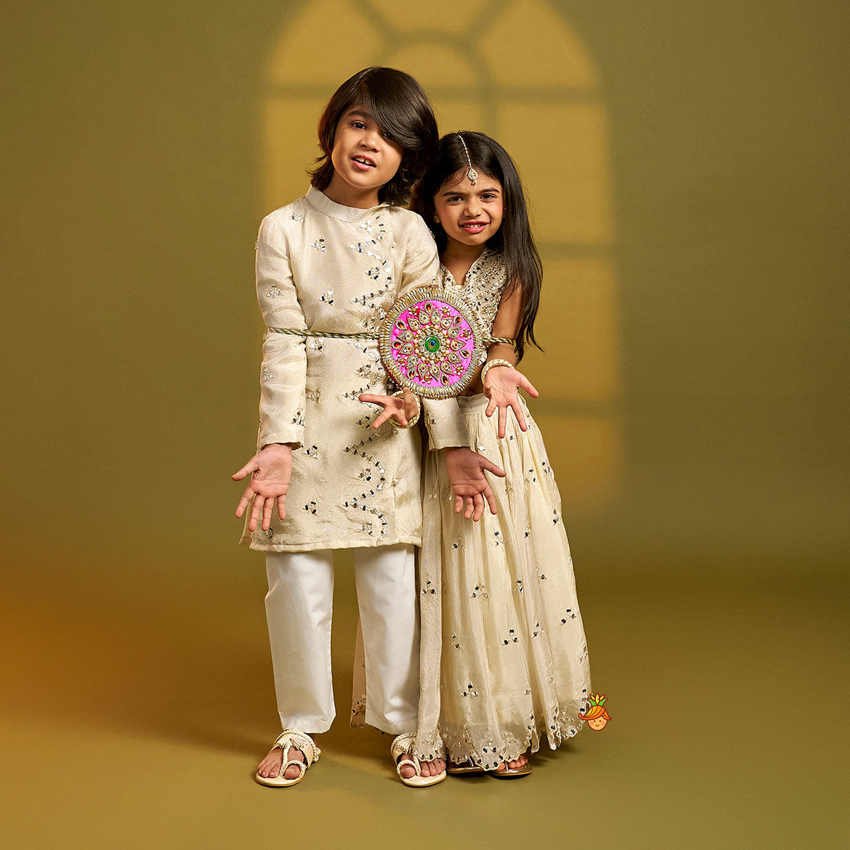 Faux Mirror Work Shimmery Kurta And Pyjama twinning model image 1