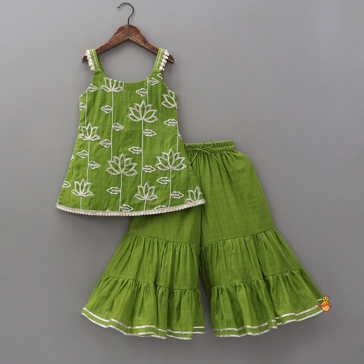 Pre Order: Lotus-Embroidered Strappy Kurti With Sharara