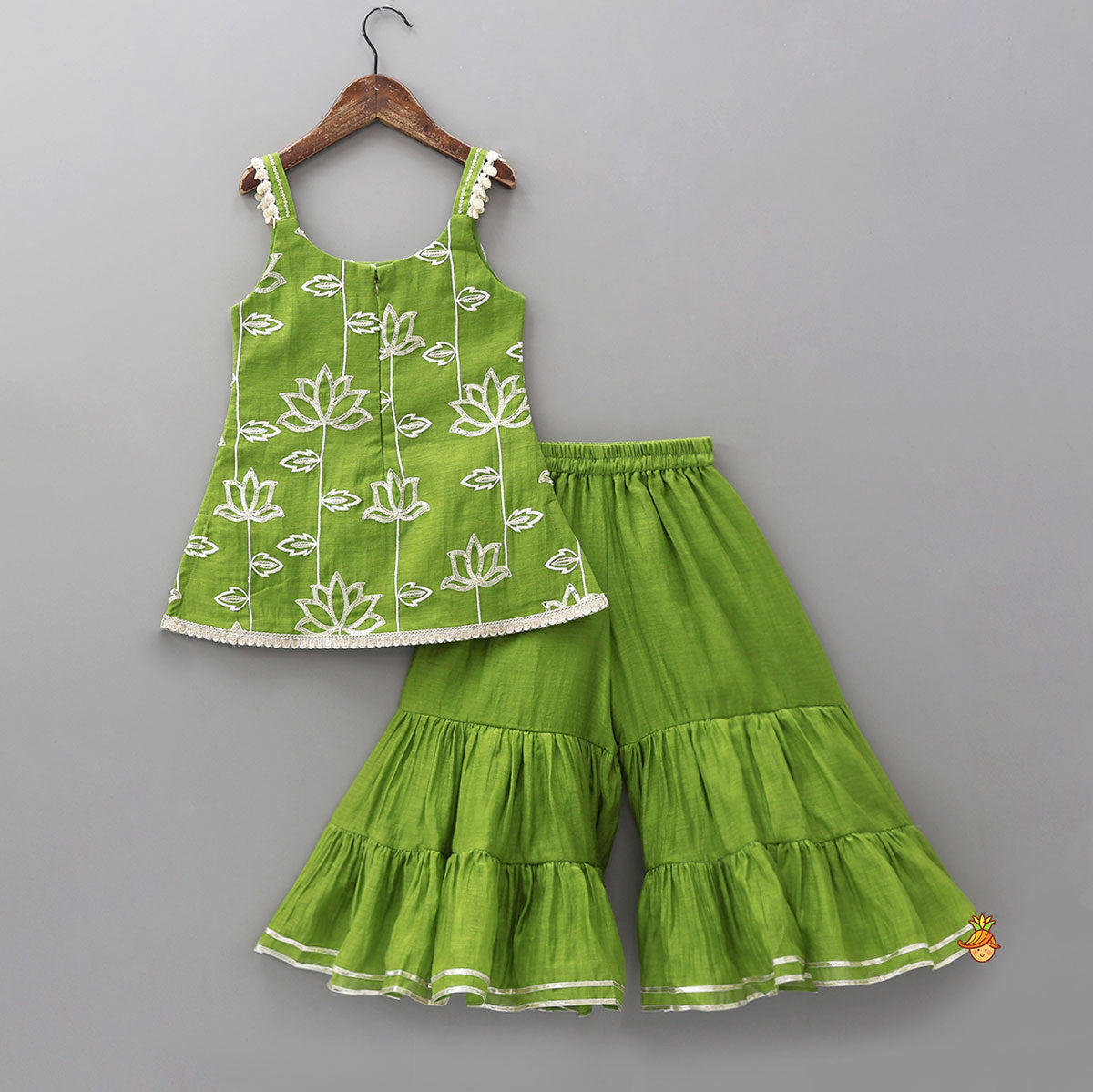 Pre Order: Lotus-Embroidered Strappy Kurti With Sharara
