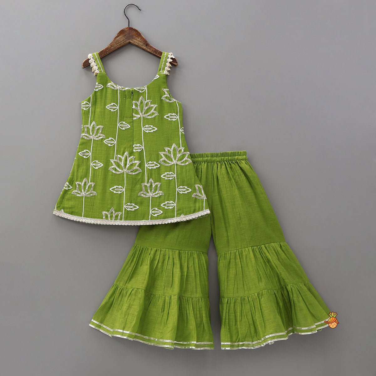 Pre Order: Lotus-Embroidered Strappy Kurti With Sharara