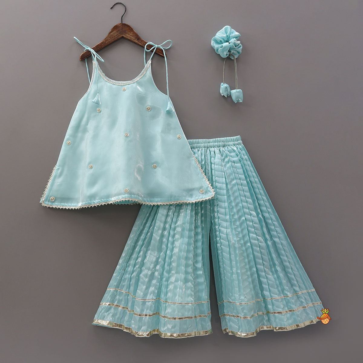 Pre Order: Sleeveless Sheen Elegant Kurti And Crushed Fabric Palazzo With Hair Tie