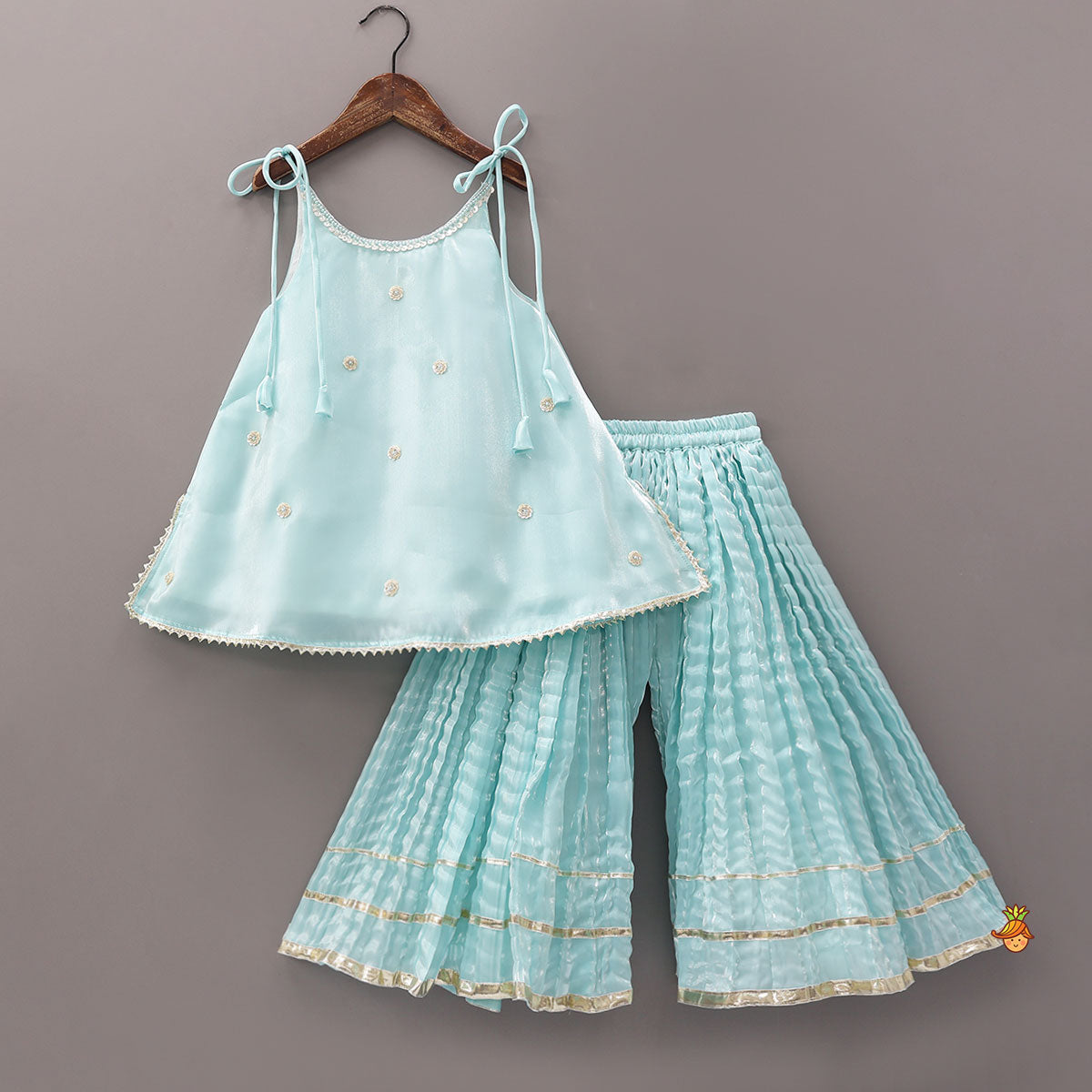 Pre Order: Sleeveless Sheen Elegant Kurti And Crushed Fabric Palazzo With Hair Tie