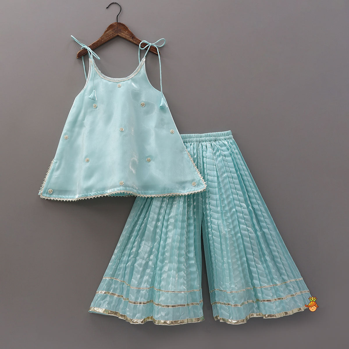 Pre Order: Sleeveless Sheen Elegant Kurti And Crushed Fabric Palazzo With Hair Tie