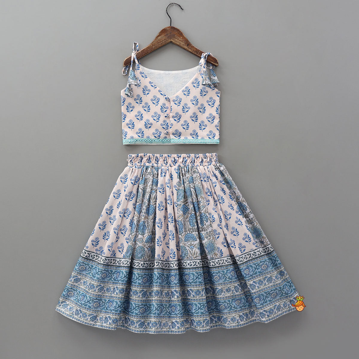 Pre Order: Tie Up Strap Floral Printed Crop Top And Lehenga