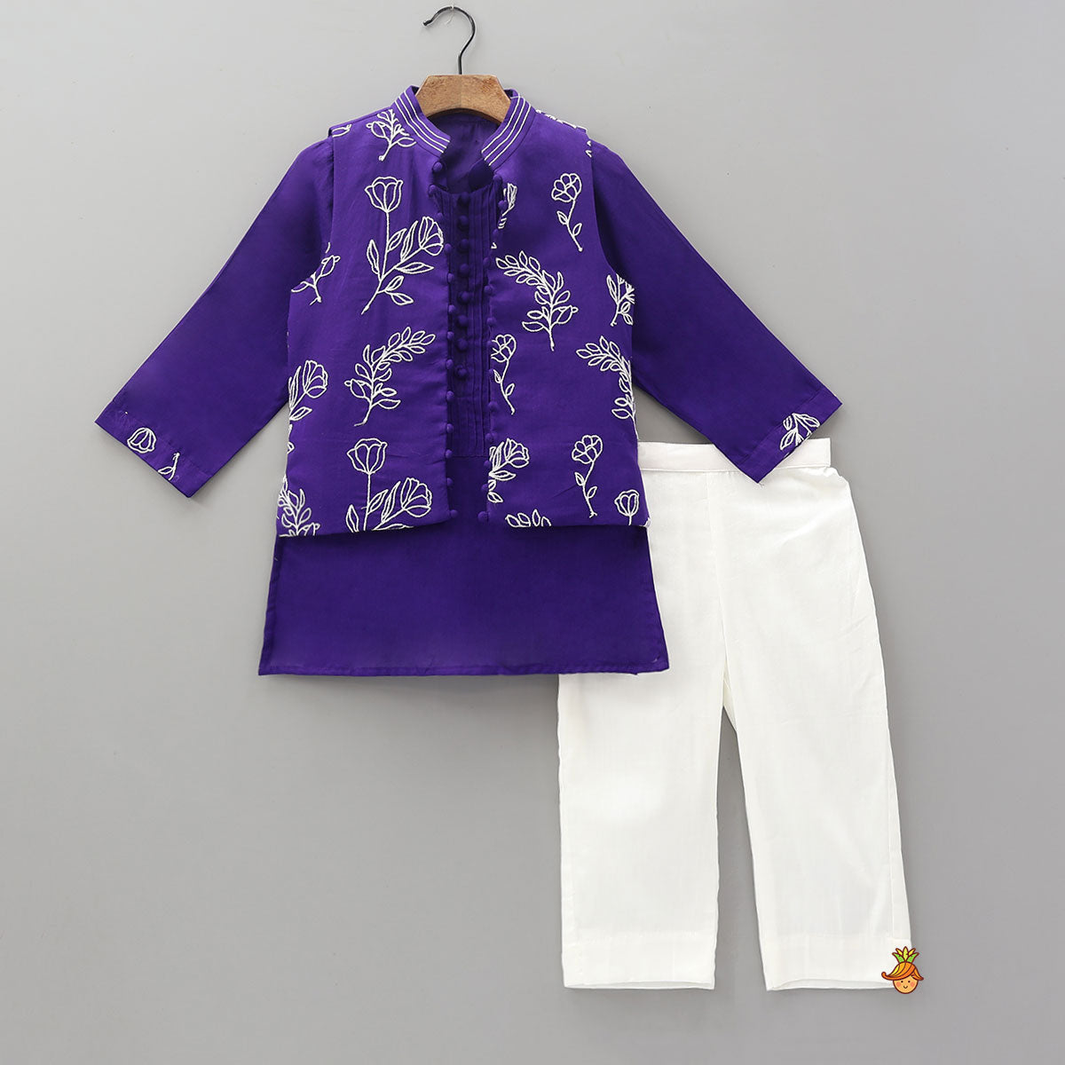 Pre Order: Purple Kurta With Beautiful Embroidered Jacket And Pyjama