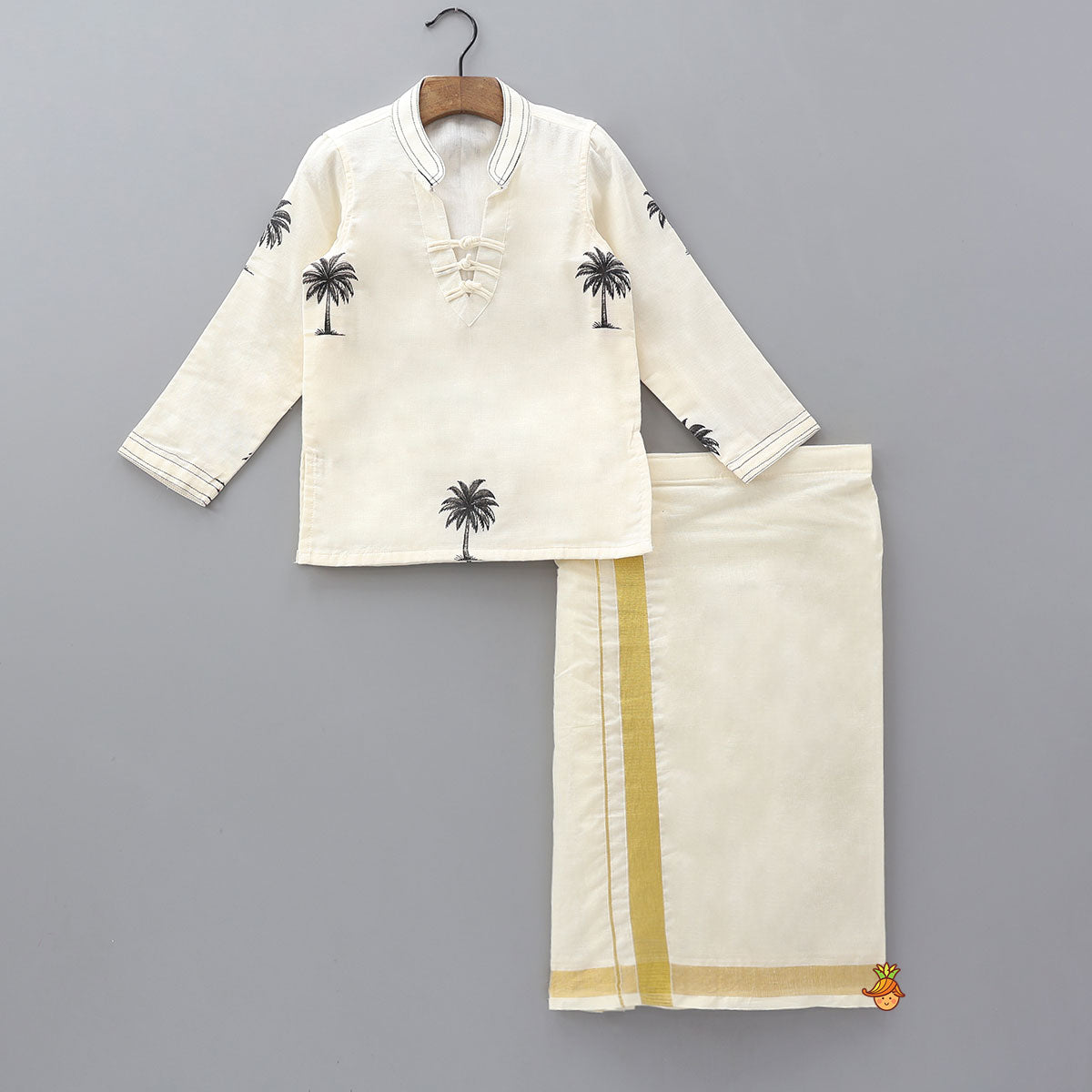 Pre Order: Tree Printed Thread Work Kurta With Mundu