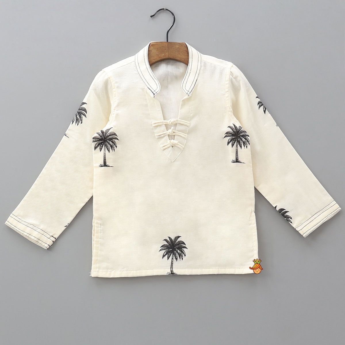 Pre Order: Tree Printed Thread Work Kurta With Mundu