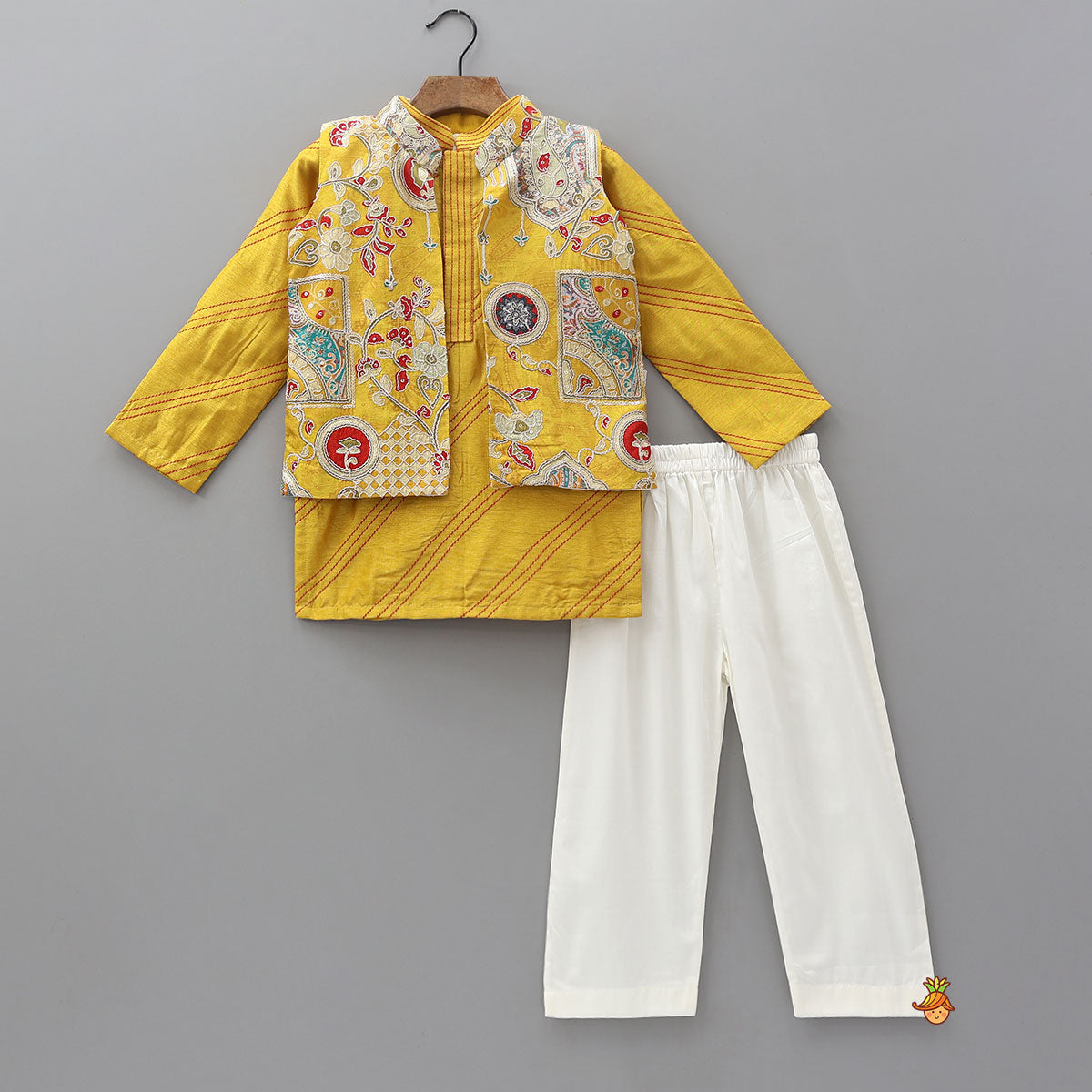 Pre Order: Contrast Thread Work Kurta and Pyjama With Floral Printed Open Jacket