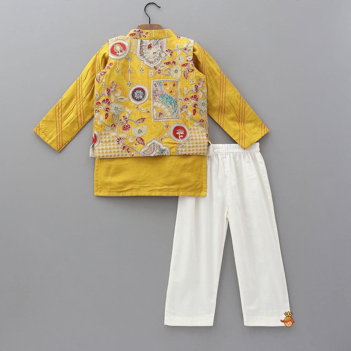 Pre Order: Contrast Thread Work Kurta and Pyjama With Floral Printed Open Jacket