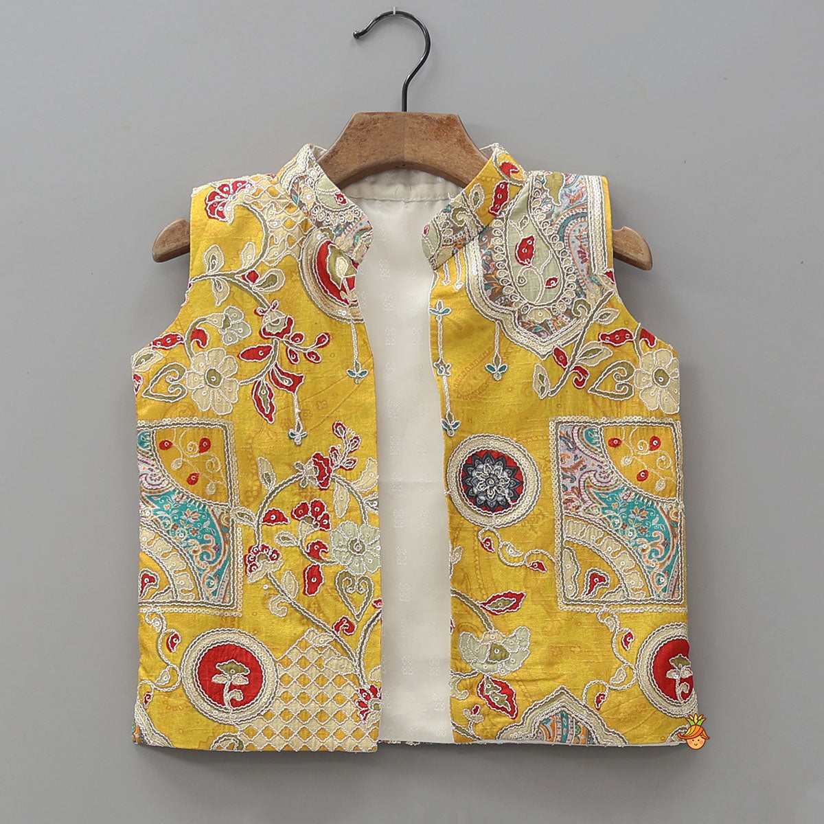 Pre Order: Contrast Thread Work Kurta and Pyjama With Floral Printed Open Jacket