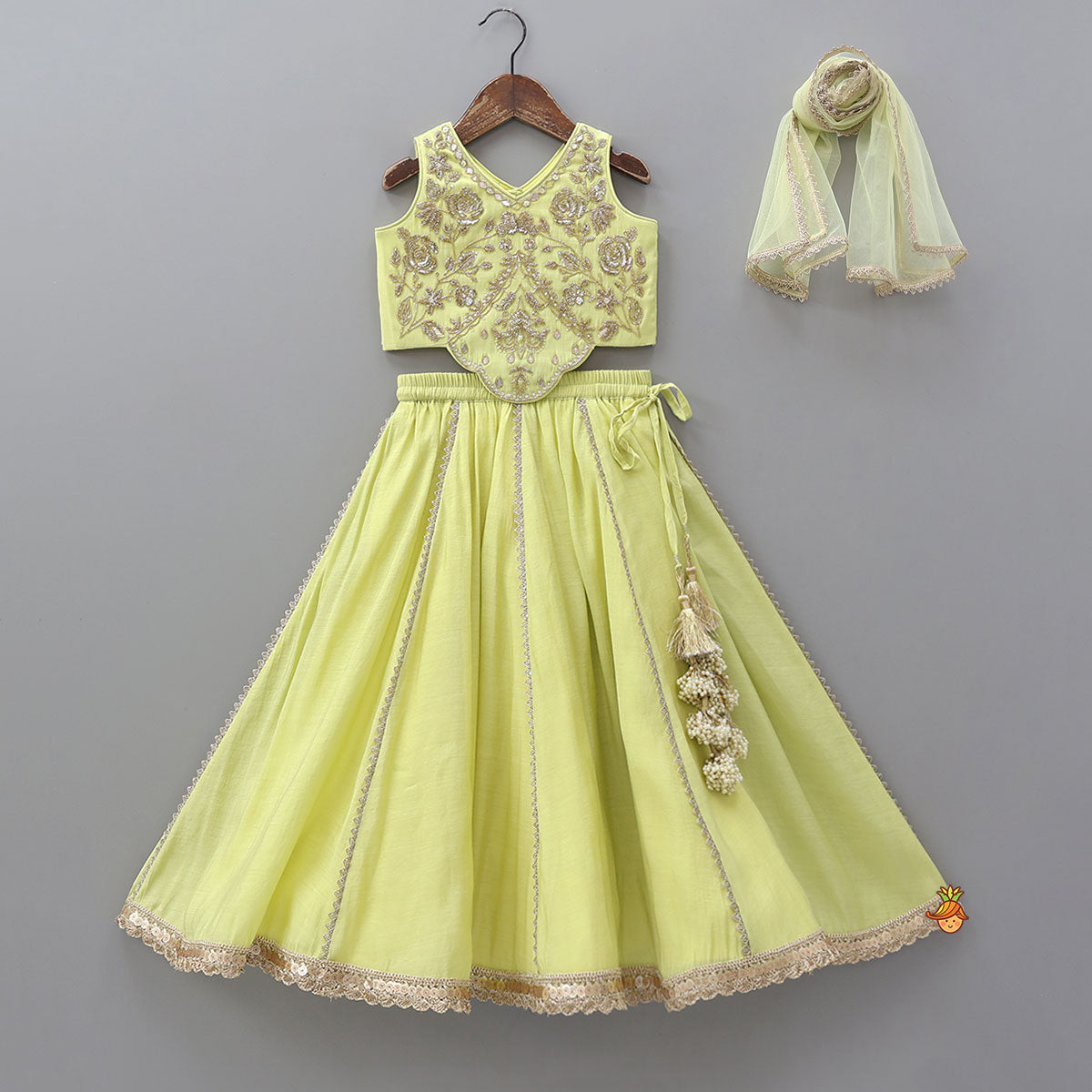 Pre Order: Radiant Green Cutdana Embroidered Top And Ghagra With Dupatta