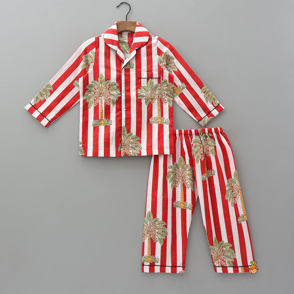 Pre Order: Tree Printed Striped Sleepwear Set With Matching Tote Bag