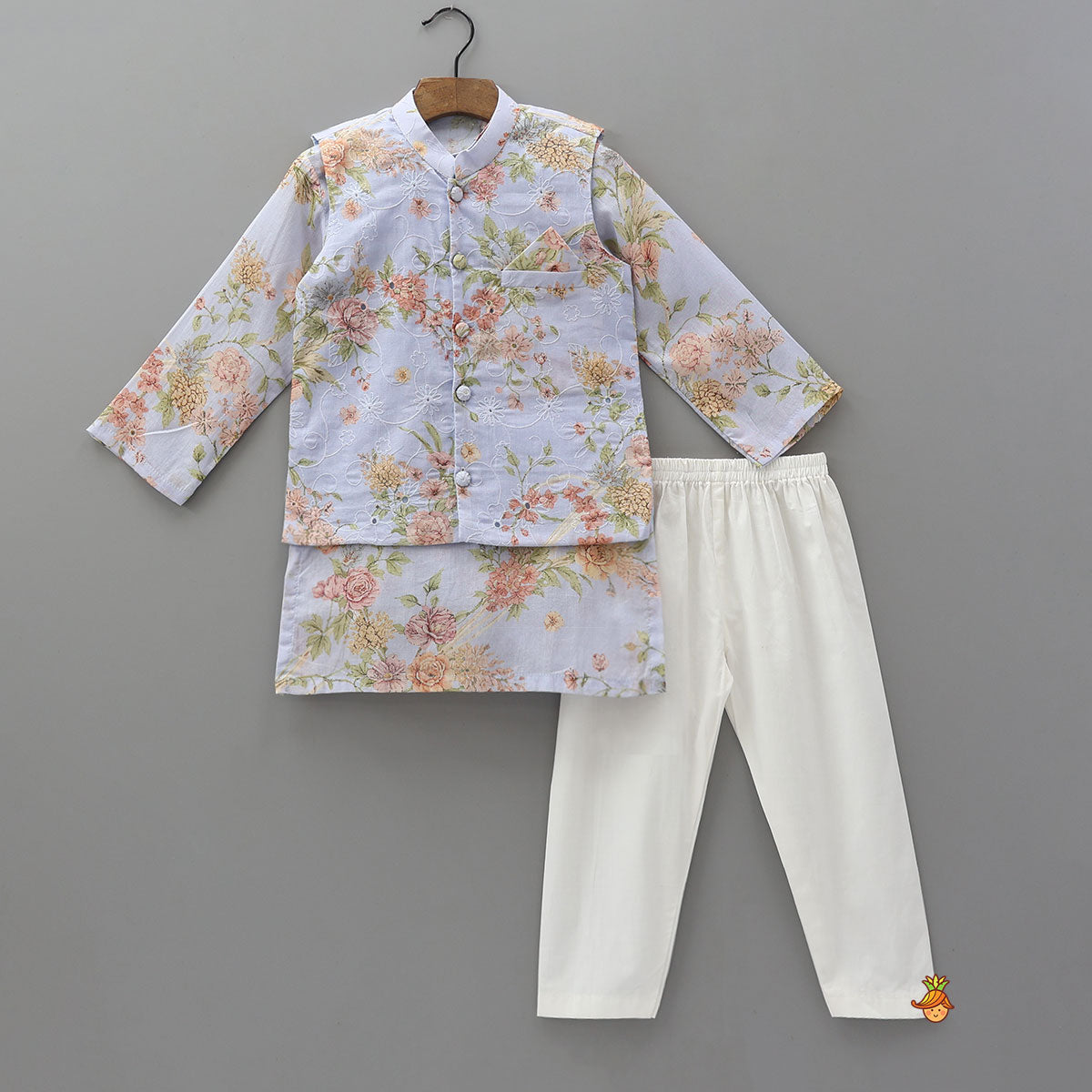 Pre Order: Floral Printed Kurta With Matching Jacket And Pyjama