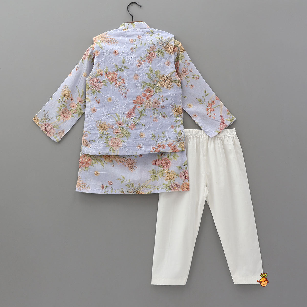 Pre Order: Floral Printed Kurta With Matching Jacket And Pyjama