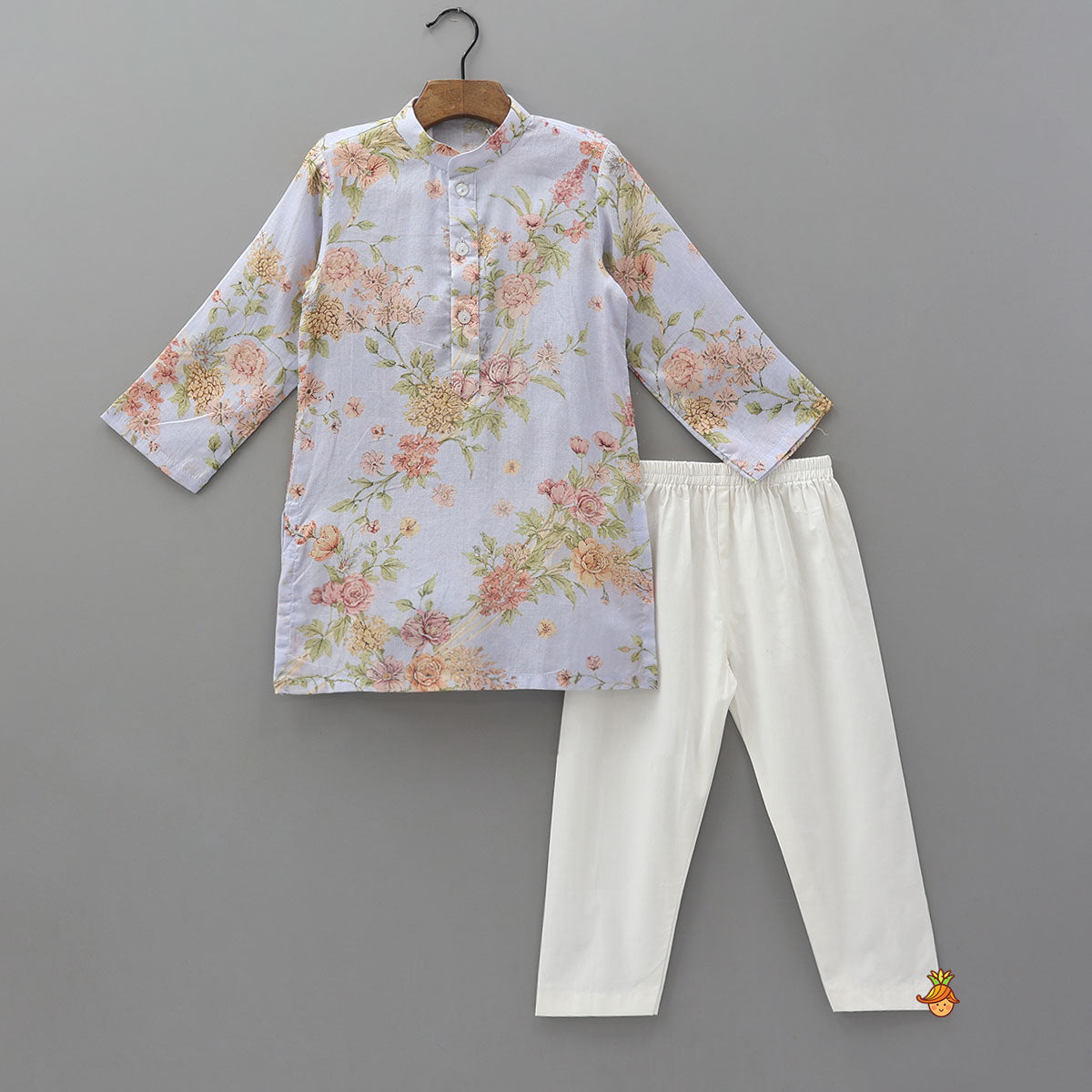 Pre Order: Floral Printed Kurta With Matching Jacket And Pyjama