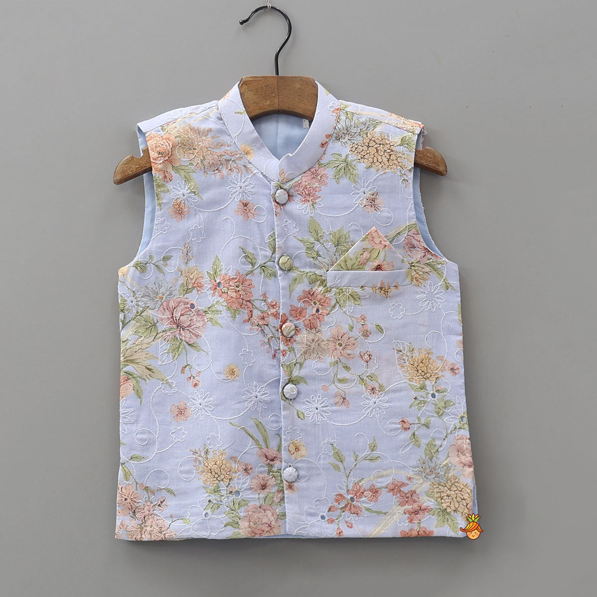 Pre Order: Floral Printed Kurta With Matching Jacket And Pyjama