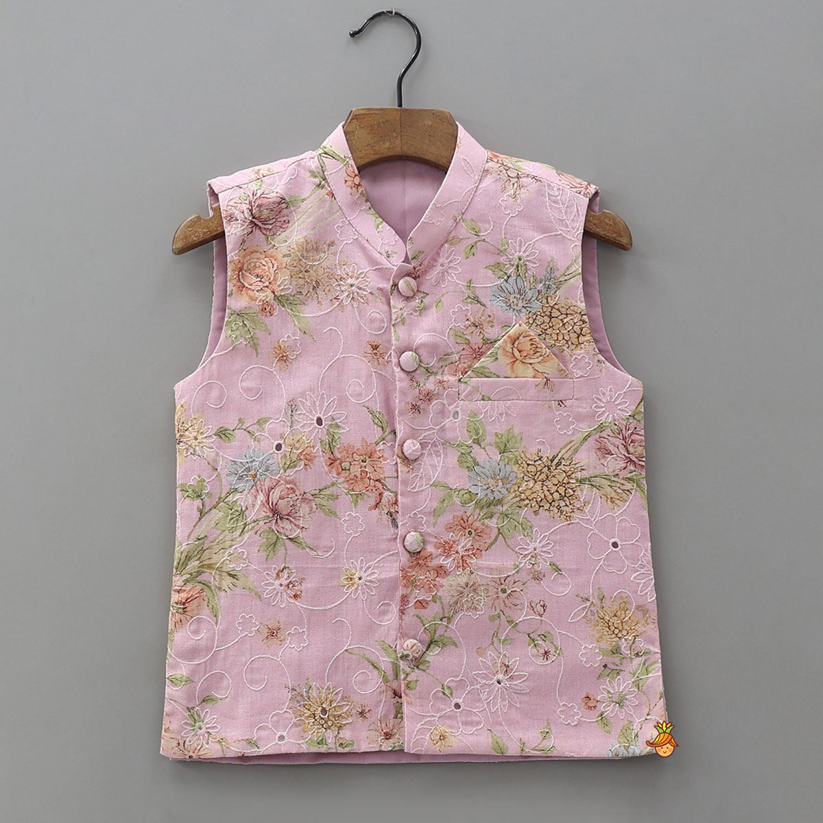 Pre Order: Floral Printed Elegant Kurta With Matching Jacket And Pyjama