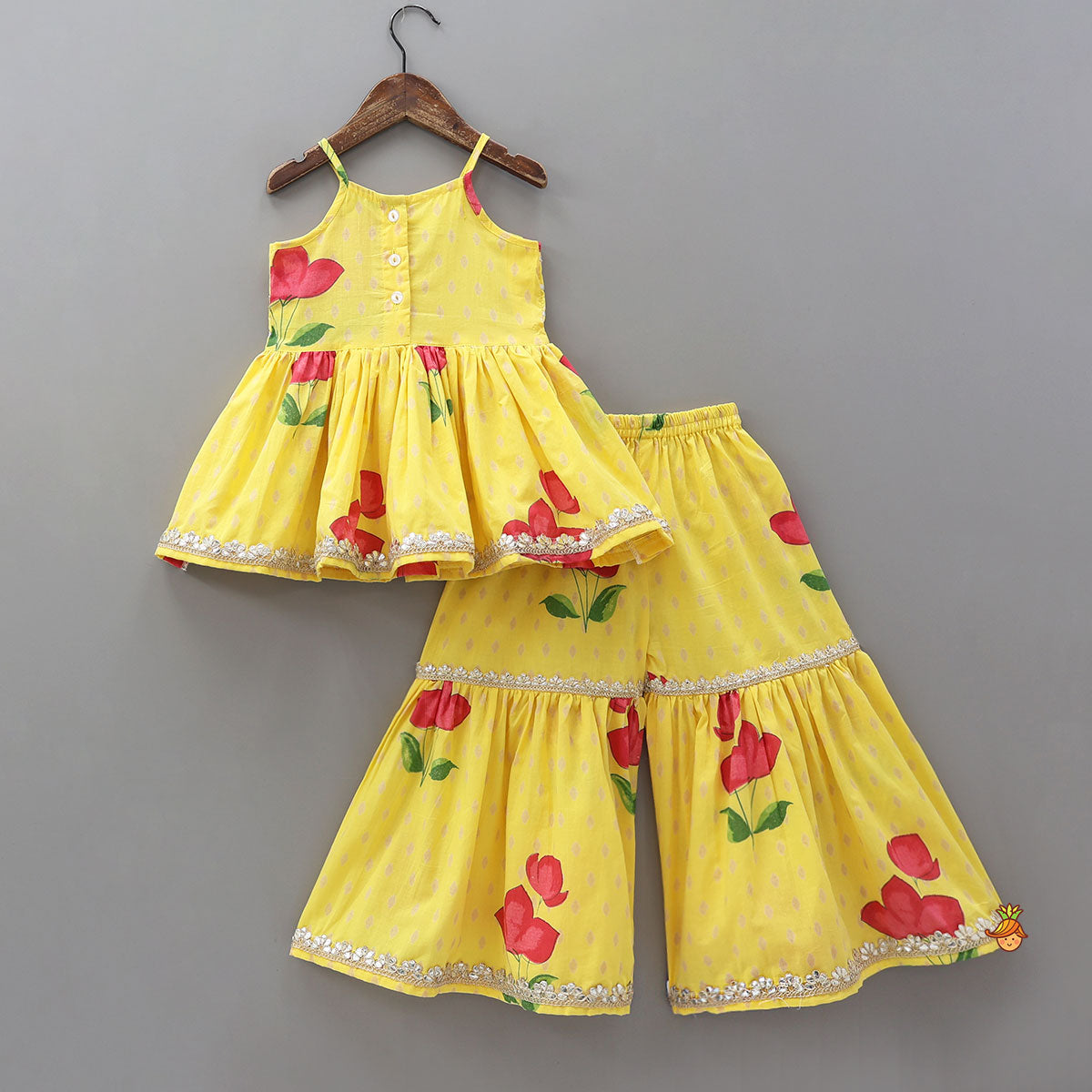 Pre Order: Vibrant Floral Strappy Peplum Top With Sharara And Dupatta